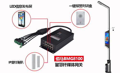 智慧路灯杆可以搭载媒体显示屏、IP音柱喇叭、智能互动信息终端、远程语音通讯等多类型媒体设备，通过智能媒体网关实现高效便捷的集中通信、控制和运营管理，提供丰富的智慧路灯杆媒体展现服务。
